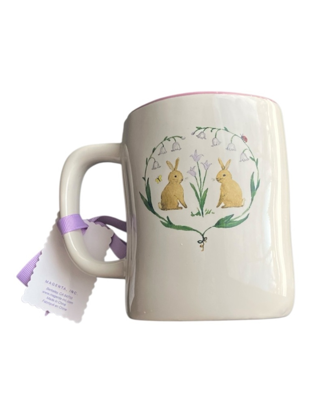 NEW Rae Dunn SPRING IS IN THE AIR Ceramic Mug Lavender Flowers Heart Bunnies